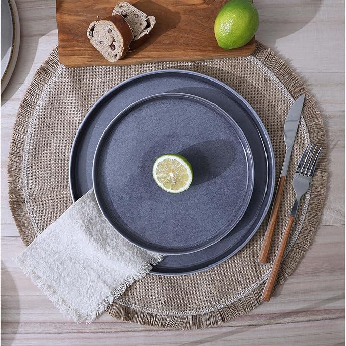 Famiware Annecy Plates and Bowls Sets, Stoneware Dinnerware Sets for 4, 12 Pieces Dish Set with Lipped Edges, Chip and Scratch Resistant, Microwave and Dishwasher Safe, Misty-Blue