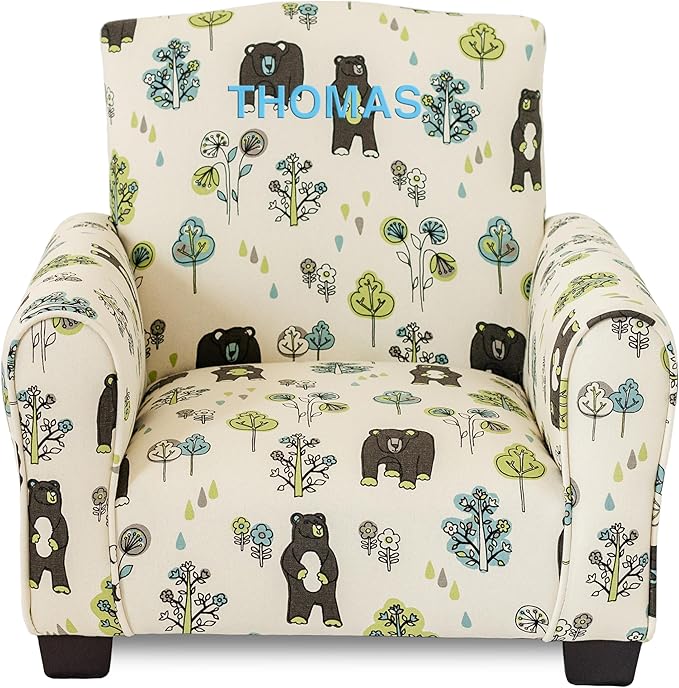 Toddler Personalized Armchair, Kids Upholstered Rocking Chair with Personalization, Toddler Chair with Personalized Name, Comfy Child Armchair, (Bears & Trees Print, Legs)