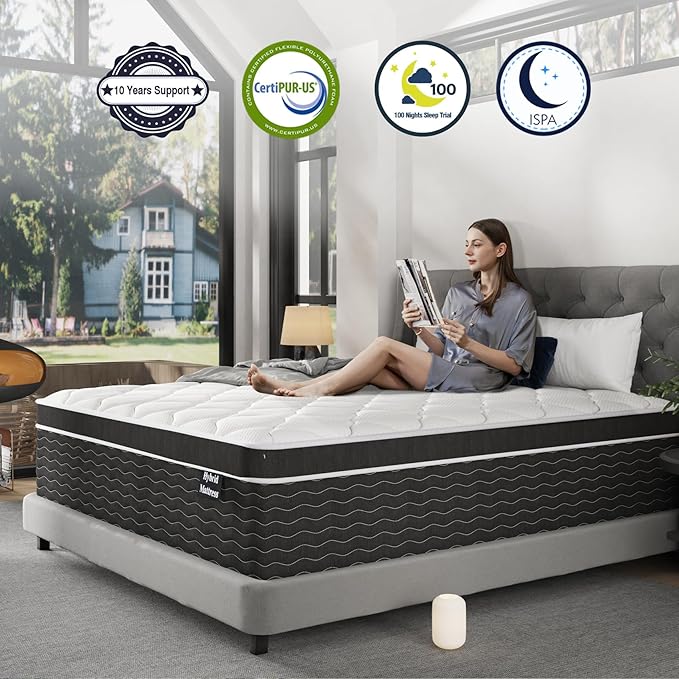 12 Inch Queen Mattress in a Box, 7-Zone Contouring Support Hybrid Mattress Queen Size, Individual Pocket Springs with Cooling Memory Foam, Motion Isolation, CertiPUR-US Certified, Firm