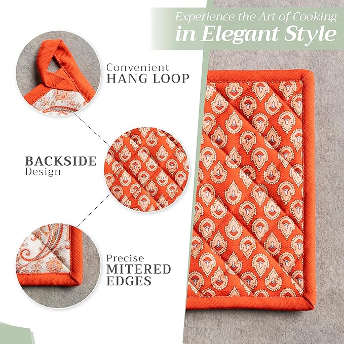 Maison d' Hermine 100% Cotton Oven Mitt & Pot Holder Set (7.5"x13" & 8"x8") Heat Resistant BBQ Cooking Gloves with Loop for Thanksgiving Christmas Decorations Handling Hot Pans (Cachemire)