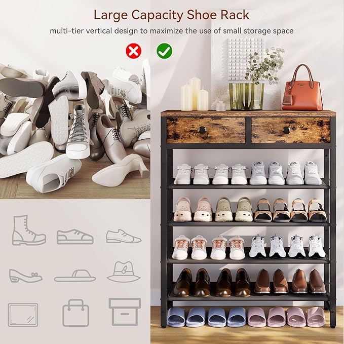 IBUYKE 5 Tier Shoe Rack, Metal Shoe Storage Organizer with 2 Drawers, Shoe Storage Rack for 12-16 Pairs of Shoes, Modern Shoe Stand with Fabric Shelf for Entryway Closet Bedroom, Rustic Brown TXJ040H