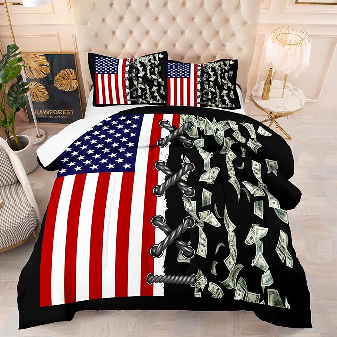 Tailor Shop American Flag Comforter Sets Queen Size,Money Comforter Set American Flag Bedding Sets for Kids Boys Teens One Hundred Dollar Bedding Sets 3 Piece with 1 Comforter and 2 Pillowcase………
