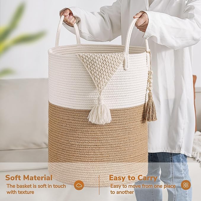 Goodpick Woven Laundry Basket Decorative Blanket Basket for Living Room, Tall Storage Basket for Clothes, Toys, Towels, Wicker Laundry Hamper 16 x 20 Inches, White and Jute