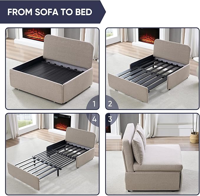 Sofa Bed, Full Size 2 in 1 Pull Out Sofa Couch Bed with Cushions & Throw Pillows & Wheels, Modern Linen Convertible Foldable Sleeper Sofas Couch for Small Spaces, Living Room Furniture - Beige
