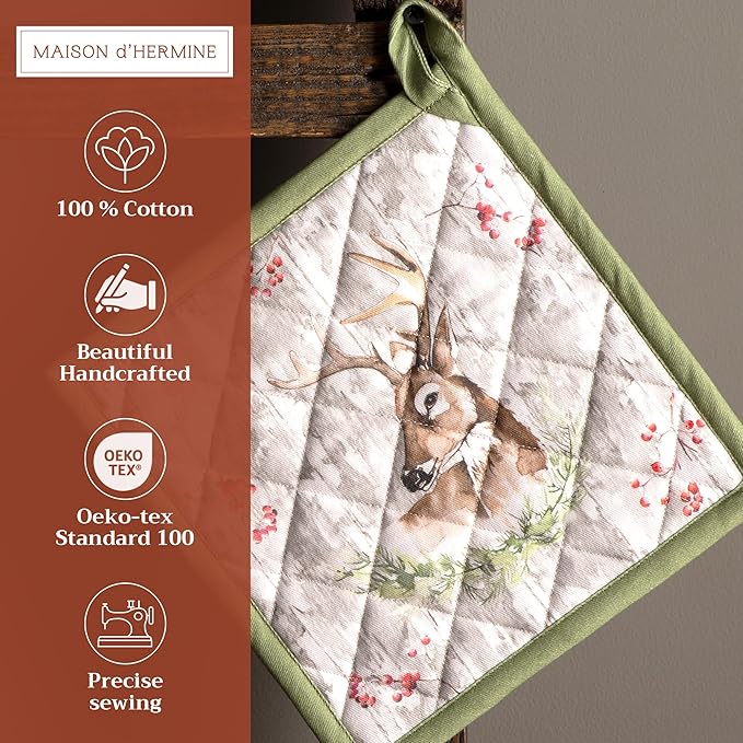 Maison d' Hermine Pot Holders Set 100% Cotton Heat Resistant Potholders 8" x 8" Hot Pads with Loop for Thanksgiving Christmas Decorations BBQ Baking Handling Hot Pans (Pack of 2, Mountain Life)