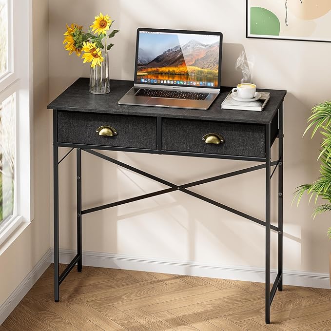 Black Writing Desk for Kids Bedroom, 31.5 Inch Small Computer Desk for Small Spaces, Simple Desk with 2 Fabric Drawers for Home Office, Dorm, Living Room, Home Study Table, Black