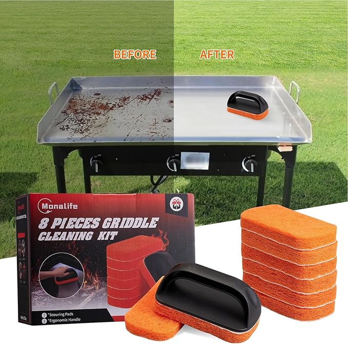 Griddle Cleaning Kit for Blackstone,Scouring Pads Brush with Handle-Flat Top Grill Cleaner Accessories, Non-Scratch Grill Scrubbers Tool,Griddle Scrubbing Pads for Cleaning Kitchen, Bathroom
