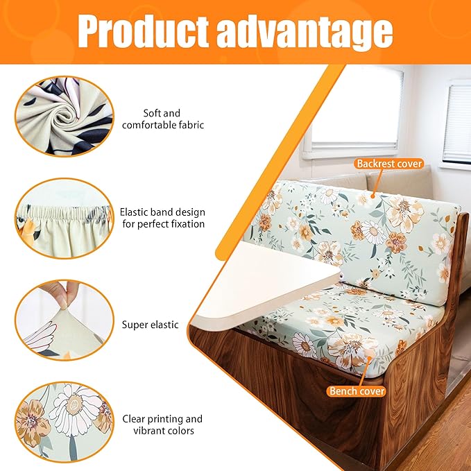 Rv Dinette Cushion Covers,Printing Stretchable Camper Cushion Cover,RV Cushion Slipcover,Rv Couch Cover Replacement for RV Camper Car Bench,2 Backrest Covers and 2 Bench Covers (Blossoming Flowers)