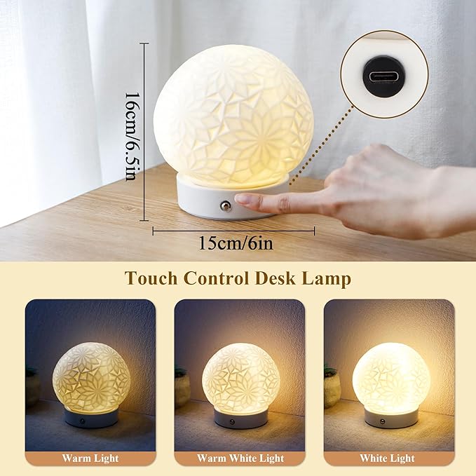 JHY DESIGN Ceramic Spherical Decorative lamp 6.5" H Rechargeable Table Lamp Dimmable Touch Control Desk lamp for Home Bedroom Living Room Outdoors(Snowflake)