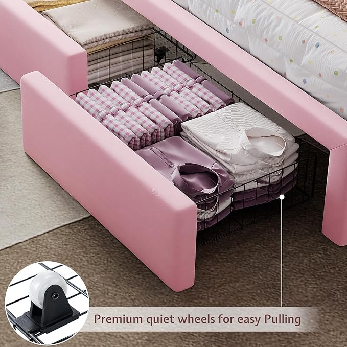 Jocisland Queen Bed Frame with Storage Drawers, 51" Adjustable Velvet Headboard, RGB LED Lights, Upholstered Platform Bed, Modern Bed for Teens, Guest Room, No Box Spring Needed, Pink