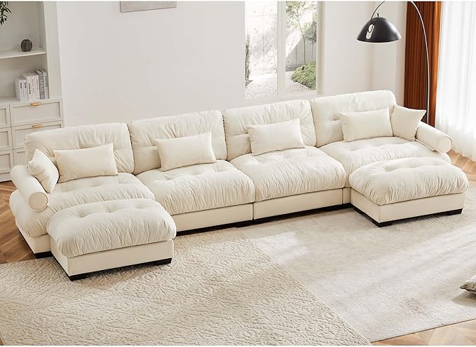 Ball & Cast 166" U Shaped Couch Sectional Couch,4 Seater Modular Couchs with Round Bolster Armrest,6 Pillows,Waist Pillows,Modern Corner Sofa w/ 2 Removable Ottomans,for Living Room,Cream