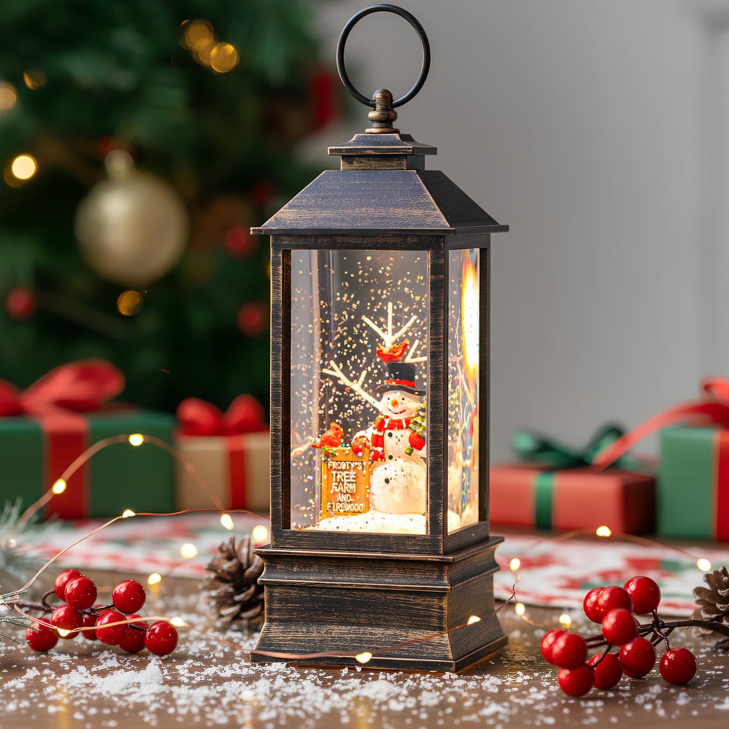 10'' Frosty's Tree Farm Snowman Musical Lighted Snow Globe Water Lantern with Swirling Glitter Decoration for Christmas Home, Living Room, Battery Operated or USB Powered