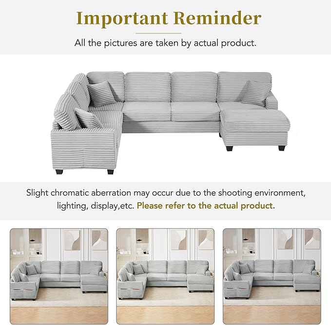 125.2" Sectional Sofa U-Shaped Upholstered Sofa L-Shaped Couch with a Movable Ottoman and Side Storage Pockets for Living Room, Grey