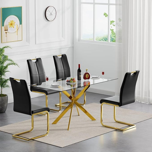 51'' Gold Glass Dining Table Set for 4,5 Piece Kitchen Table and Chairs Set with Metal Legs and 4 PU Leather Dining Chairs for Kitchen Room Small Spaces