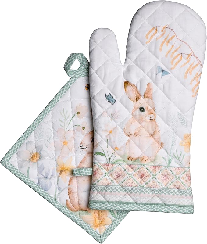 Maison d' Hermine 100% Cotton Oven Mitt & Pot Holder Set (7.5"x13" & 8"x8") Heat Resistant BBQ Cooking Gloves with Loop, Baking, Grilling, Kitchen, Handling Hot Pans Spring/Summer (Easter Dew)