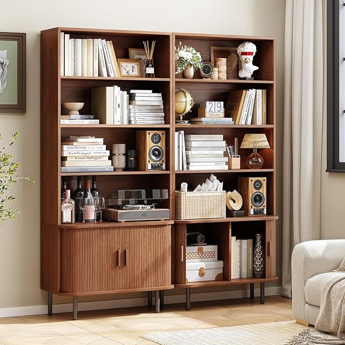 71" Tall Bookshelf, 4-Tier Bookcase with Storage Cabinet & Adjustable Storage Shelf, Freestanding Wood Bookshelf with Sliding Door and Adjustable Footpad, for Home Office, Living Room, Walnut