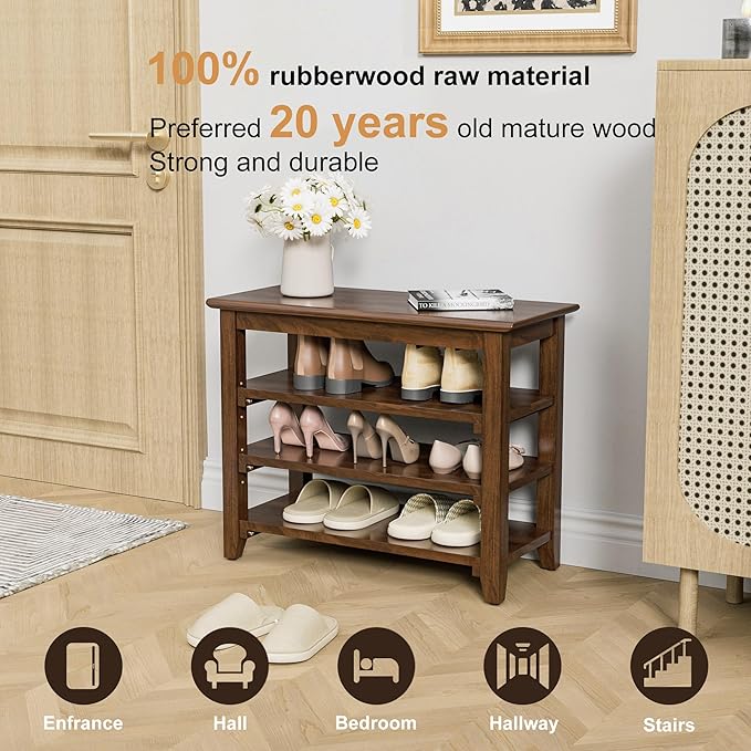 Wooden Storage Shoe Bench, Entryway Bench with 3-Tiers Height Adjustable, Shoe Rack Front Doors Entrances for Hallway Living Room,Mudrooms (Brown,25.6")