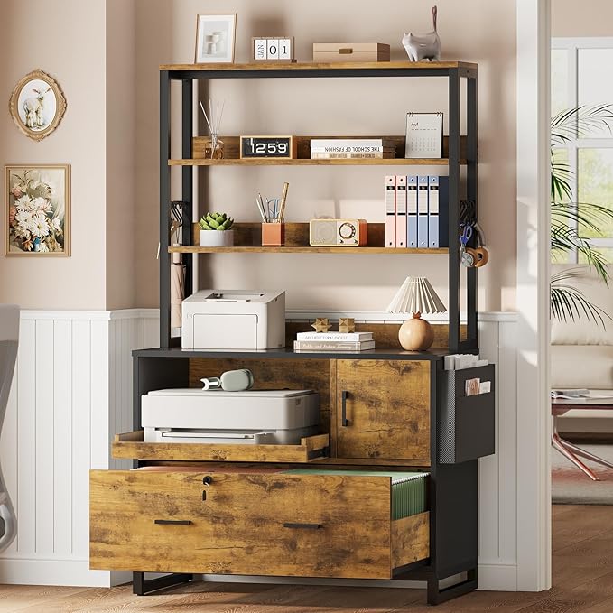 SEDETA File Cabinet with Lock and Sliding Open Storage Shelf, Filing Cabinet Fits Legal/Letter/A4 Size, File Cabinets for Home Office with Adjustable Storage Shelf and Hook, Rustic Brown