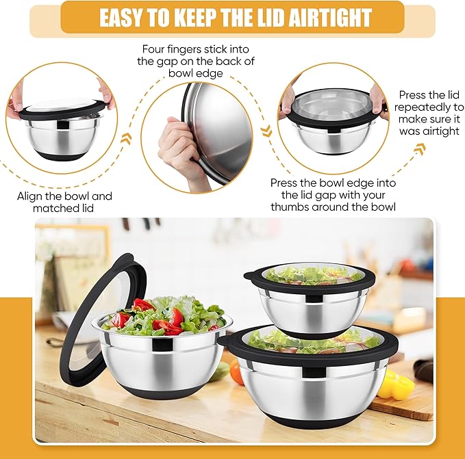 P&P CHEF Black Mixing Bowls Set of 6, Stainless Steel Mixing Bowl with Visible Lids for Salad, Metal Nesting Serving Bowls for Kitchen Cooking Prepping Storing Food, 4.6/3.5/2.6/2/1.5/1 QT