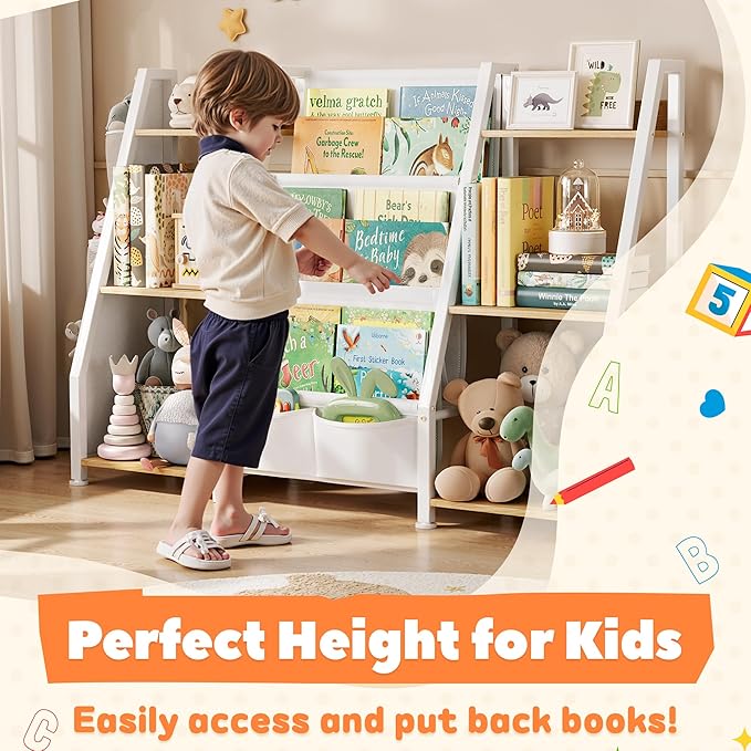 Kids Bookshelf and Toy Organizer: 3-Tier Book Shelf for Kids Room, Sling Book Shelf Toddler Montessori Bookcase with Toy Storage for Nursery, Bedroom, Playroom (Burlywood)