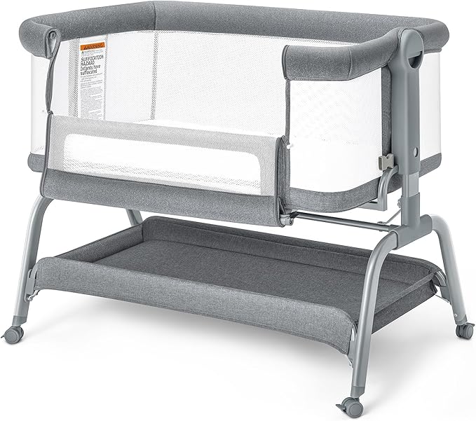 BabyBond Baby Bassinet, 3 in 1 Bassinet Bedside Sleeper with Washable Soft Mattress and Sheet, 6 Height Adjustable Bedside Crib, 4-Sided Mesh Bedside Bassinet for Baby