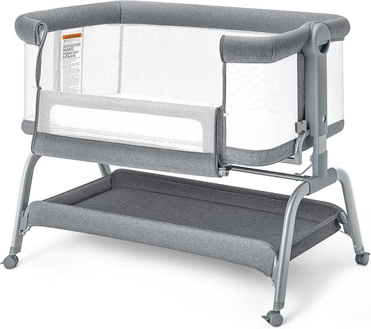 BabyBond Baby Bassinet, 3 in 1 Bassinet Bedside Sleeper with Washable Soft Mattress and Sheet, 6 Height Adjustable Bedside Crib, 4-Sided Mesh Bedside Bassinet for Baby