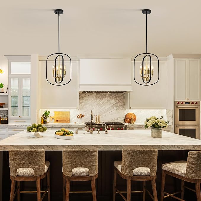 Modern Black and Gold Chandelier for Entryway, 4-Light Small Geometric Dining Room Light Fixture Over Table,Industrial Metal Hanging Pendant Lights for Kitchen Island, Staircase,Foyer