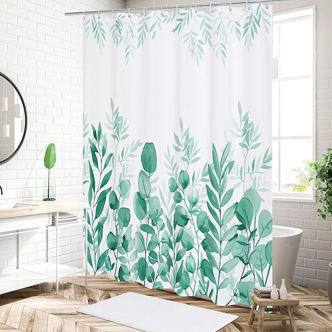 MitoVilla Teal Blue Eucalyptus Shower Curtain, Turquoise Green Plant Leaves Vintage Fabric Shower Curtains for Rustic Bathroom Decor, Chic Modern Botanical Shower Curtain, 72x72
