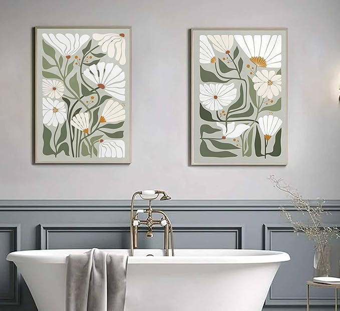 2 Pcs Boho Wildflowers Canvas Wall Art Green Bohemia Abstract Floral Botanical Painting Picture Wall Decor Poster Print Artwork for Living Room Bedroom Bathroom Home Decoration Unframed