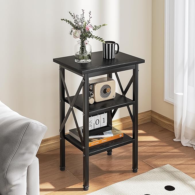VECELO End Table, Bedside Table, 24" Tall Living Room End Tables, X-Design Reinforced Nightstands, Side Table with 3-Tier Storage Shelves for Small Spaces, Office, Bathroom, Bedroom, Classic Black