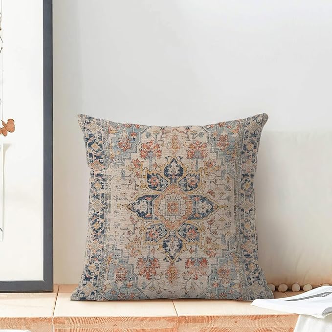 Boho Brown Nature Throw Pillow Covers 18x18 Inch Set of 2, Carpet Pattern Neutral Decorative Throw Pillow Covers Bohemia Brown Linen Outdoor Cushion Cover for Sofa Couch Farmhouse Room