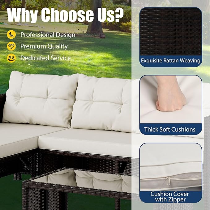 Vongrasig 3 Piece Patio Furniture Sets, All-Weather PE Wicker Outdoor Sofa Couch Sectional Set, Small Conversation Set for Garden/Patio w/Cushion, Glass Table, (Beige)