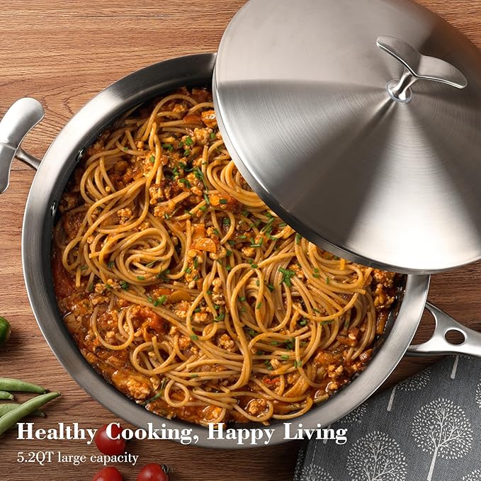 12 Inch Frying Pan with Lid Saute Pan 5.2 QT Deep skillet for Stir-Fry & Searing, Tri-ply Stainless Steel Nonstick Non Toxic Non Toxic, PTFE&PFOA Free, Induction, Oven & Dishwasher Safe