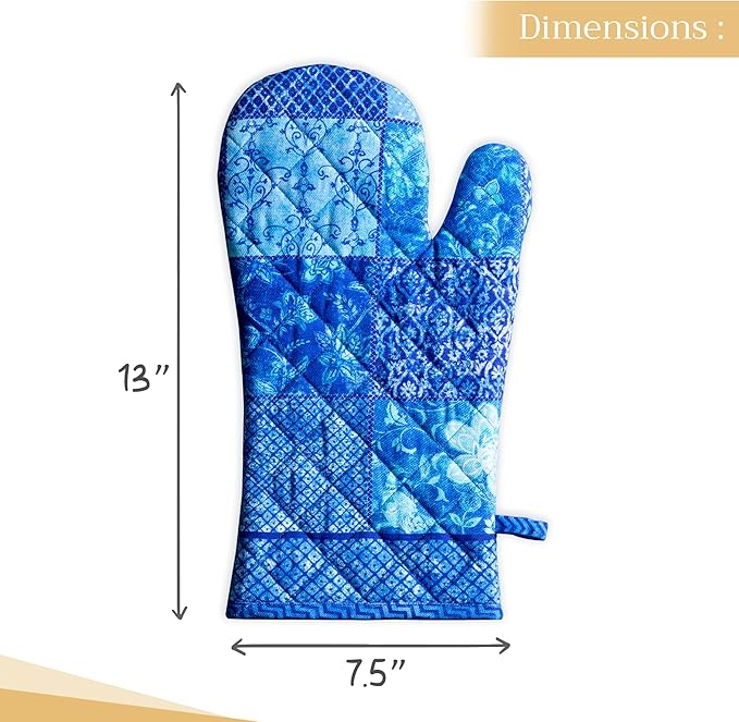 Maison d' Hermine Oven Gloves 100% Cotton Oven Mitt 7" x 13" with Loop Heat Resistant, BBQ, Cooking Gloves, Baking, Grilling, Kitchen, Handling Hot Pans Spring/Summer (Pack of 1, Indigo Love)