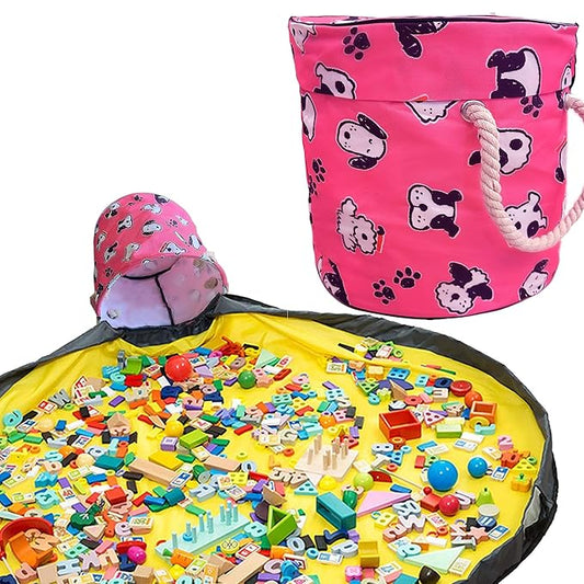 Pink Toy Storage Organizer and Play Mat Durable Big Foldable Cube Toy Dog Pattern Storage Toy Box for for and Toddlers, Room and Travel Toy Organizer