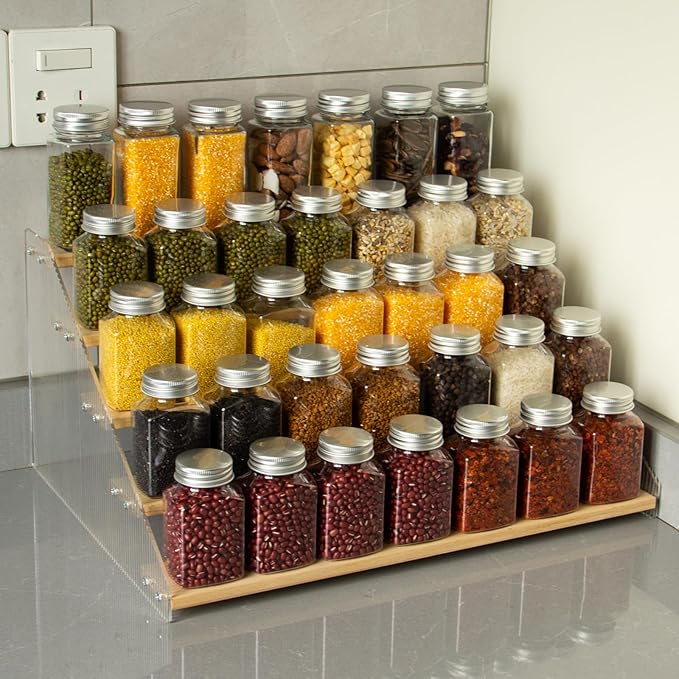 nianfeng Tiered Spice Rack, 5-Tier Spice Pantry Kitchen Cabinet Organizer, 16-Inch, Natural Wood Acrylic Stair Riser Stand, Countertop Seasoning Shelf