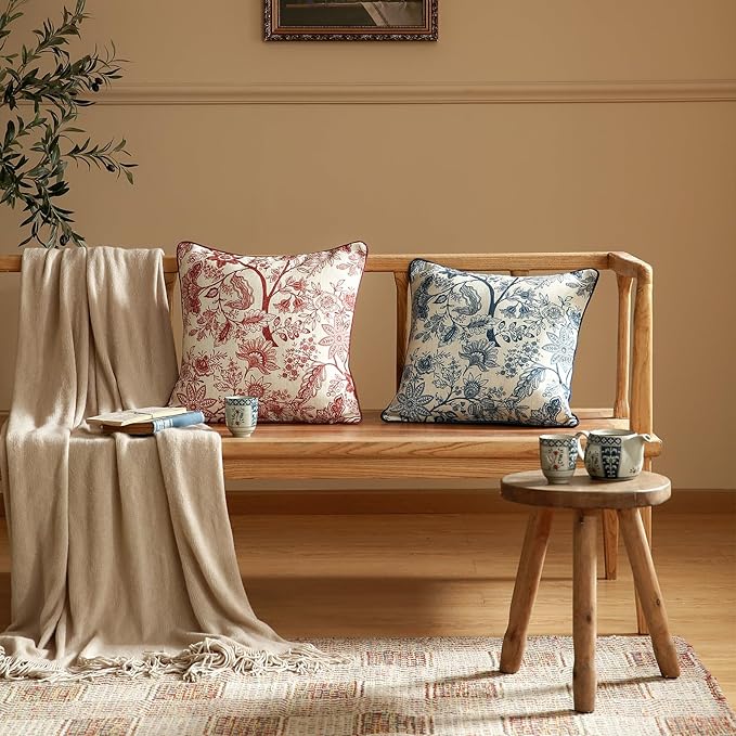 Design Linen Square Throw Pillow Covers 18"x18" Pack of 2, French Country Cushion Covers with Blue Toile de Jouy Floral Pattern Decoration Pillowcases for Bed, Living Room, Outdoor, Car