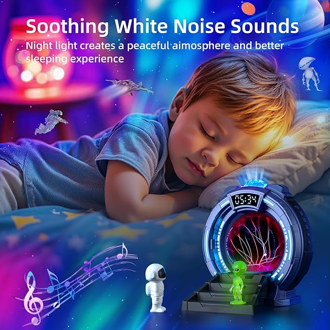 Space Portal Plasma Ball Night Light, LED Galaxy Projector Alien Lamp with White Noise, Bluetooth Music Speaker Alarm Clock,Remote,Star Light for Kids Room Decor Lamp,Christmas/Birthday Gift.(Blue)