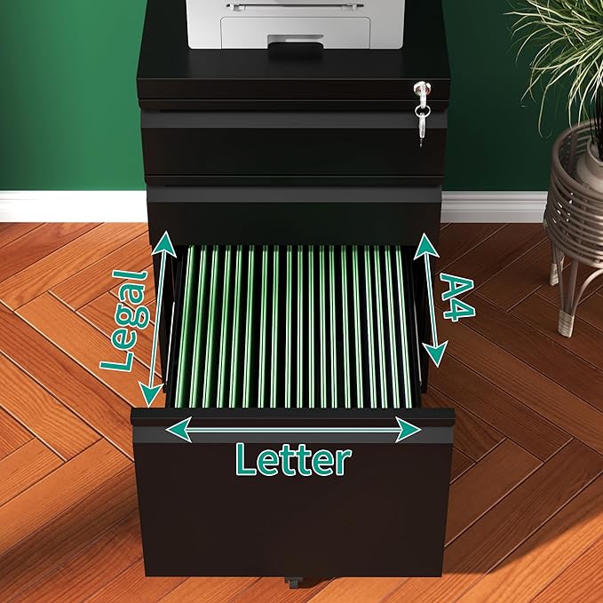 File Cabinet, Vertical File Cabinets with Lock for Home Office,Heavy Duty Office Steel Filing Cabinet for Hanging Letters/Legal/A4 (Black, 3 Drawers-Wheel)