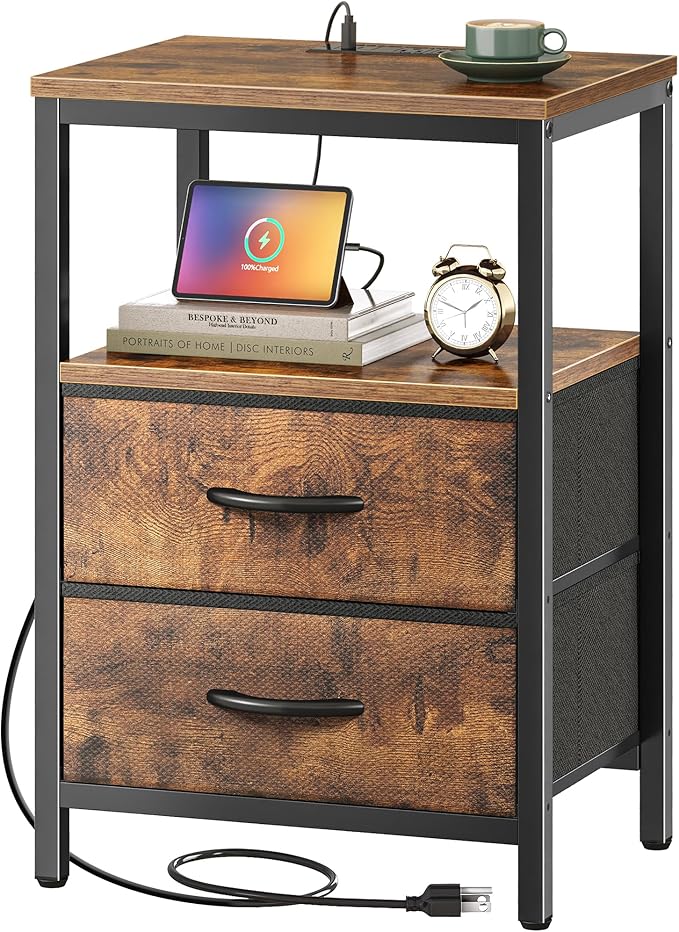 Huuger Nightstand with Charging Station, Fabric Drawers, End Table with Open Shelf, Bedside Table with USB Ports and Outlets, Night Stand for Bedroom, Rustic Brown