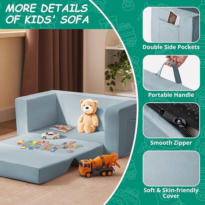 Kids Couch, 2-in-1 Toddler Chair Comfy 1-3 Years, Convertible Kids Chair, Toddler Couch That Fold Out, Kid Lounge Chairs for Boys and Girls, Soft Coral Fleece, Double, Blue