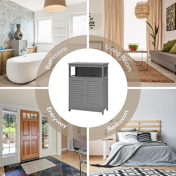 COSTWAY Bathroom Storage Cabinet, Wooden Side Storage Organizer with Louver Doors & Removable Shelf, Freestanding Floor Cabinet for Living Room, Kitchen, Entryway (Grey)