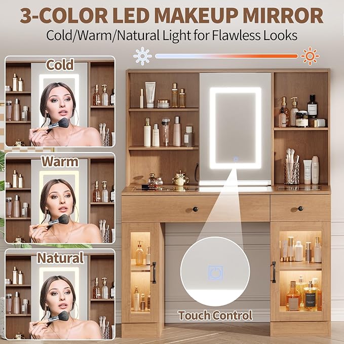 Vanity Desk with Mirror and Lights, Glass Top Vanity Desk with Sliding LED Mirror & 3-Color Lights, Makeup Dressing Table with Storage Drawers, Rainbow Glass Cabinets, USB/AC Outlets, MDF Beauty Hub