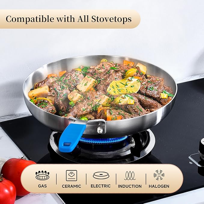 Inqibee 8.5 Inch Tri-Ply Stainless Steel Frying Pan with Lid,Skillet,Induction Cooking Pan,Dishwasher Safe and Detachable Handle