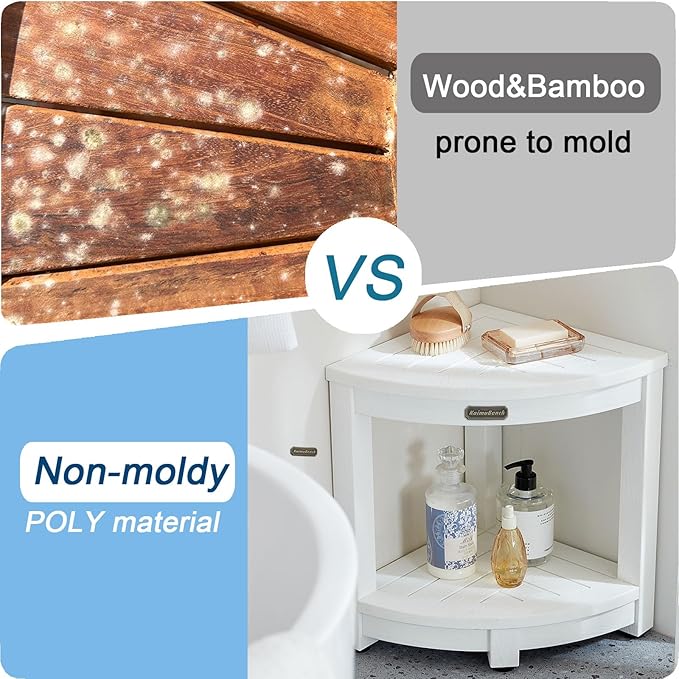 Corner Shower Stool for Inside Shower Waterproof, Poly Lumber Bathroom Shower Corner Bench Seat, Plastic Shower Chair Seat, Shower Shaving Foot Rest with Adjustable Feet, Non-Slip, White