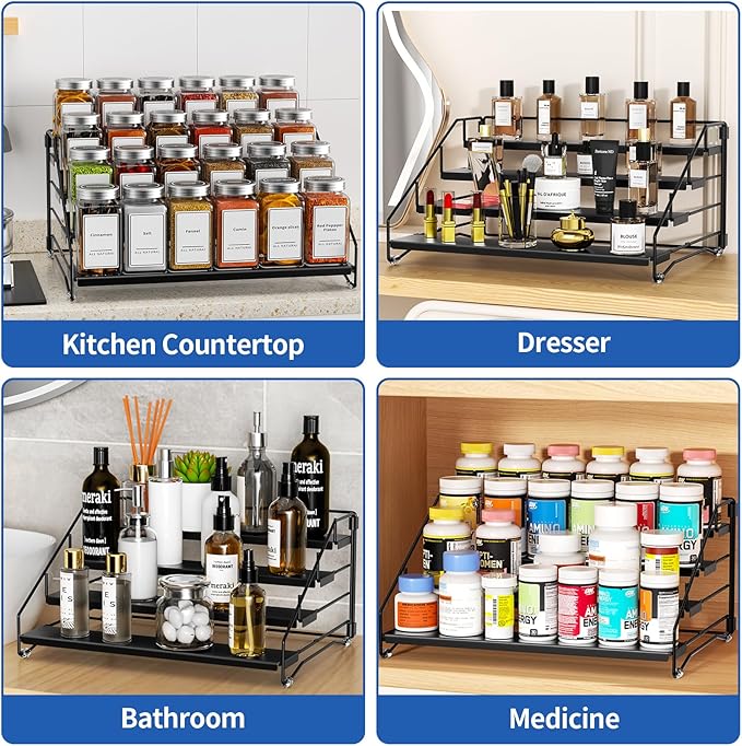 4 Tier Spice Rack for Cabinet, Spice Rack Organizer, Depth Adjustable Spice Holder for Countertop, Cupboard, Pantry, Seasoning Shelf, Metal, Black (1 Pack)