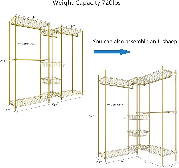 XIOFIO 6 Tiers Heavy Duty Garment Rack,Clothing Storage Organizer, Metal Clothing Rack,Clothing Rack with Hanging Rod,Adjustable Shelf and Fixed Baskets,60.7"L x 15.7"W x 70.5"H Max Load 720LBS,Gold