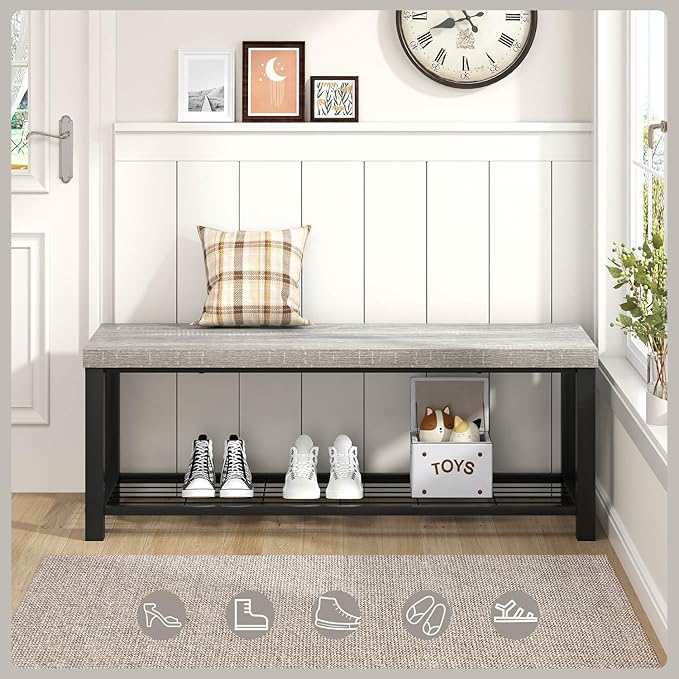 FOLUBAN Entryway Bench, Rustic Wood and Metal Shoe Storage Bench for Hallway Front Door Entrance, Industrial Indoor Bench for Bedroom Living Room, 43.3 Inch Light Grey