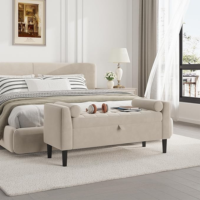 46.5" Storage Ottoman Bench – Upholstered End-of-Bed Storage Chest with Rolled Armrests & Wood Legs, Entryway Shoe Bench and Footrest Seat for Hallway, Bedroom & Living Room & Walk-in Closet（Beige）