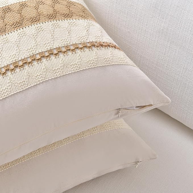 Fancy Homi Set of 2 Tan Neutral Decorative Throw Pillow Cover 16x16 Inch for Couch Bed Sofa, Aesthetic Modern Organic Farmhouse Boho Home Decor, Soft Cotton Cute Accent Macrame Woven Cushion Case